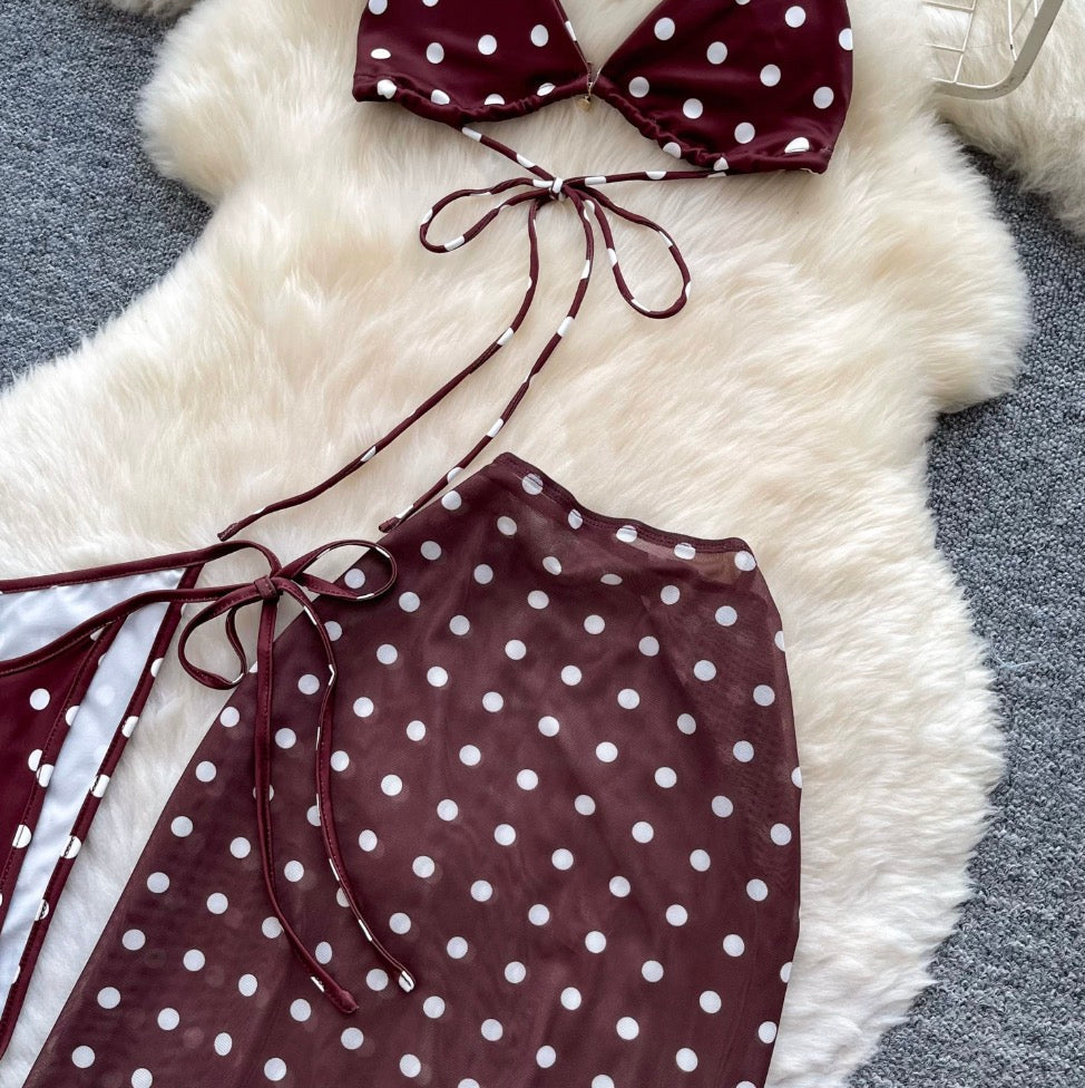 Polka-dot Bikini & Wrapped Skirt 2Pcs