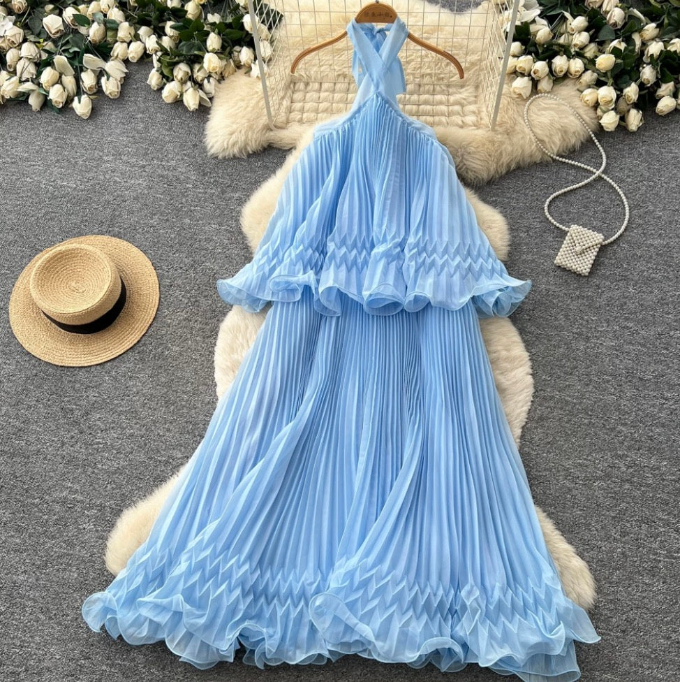 Backless Pleated Halter Dress
