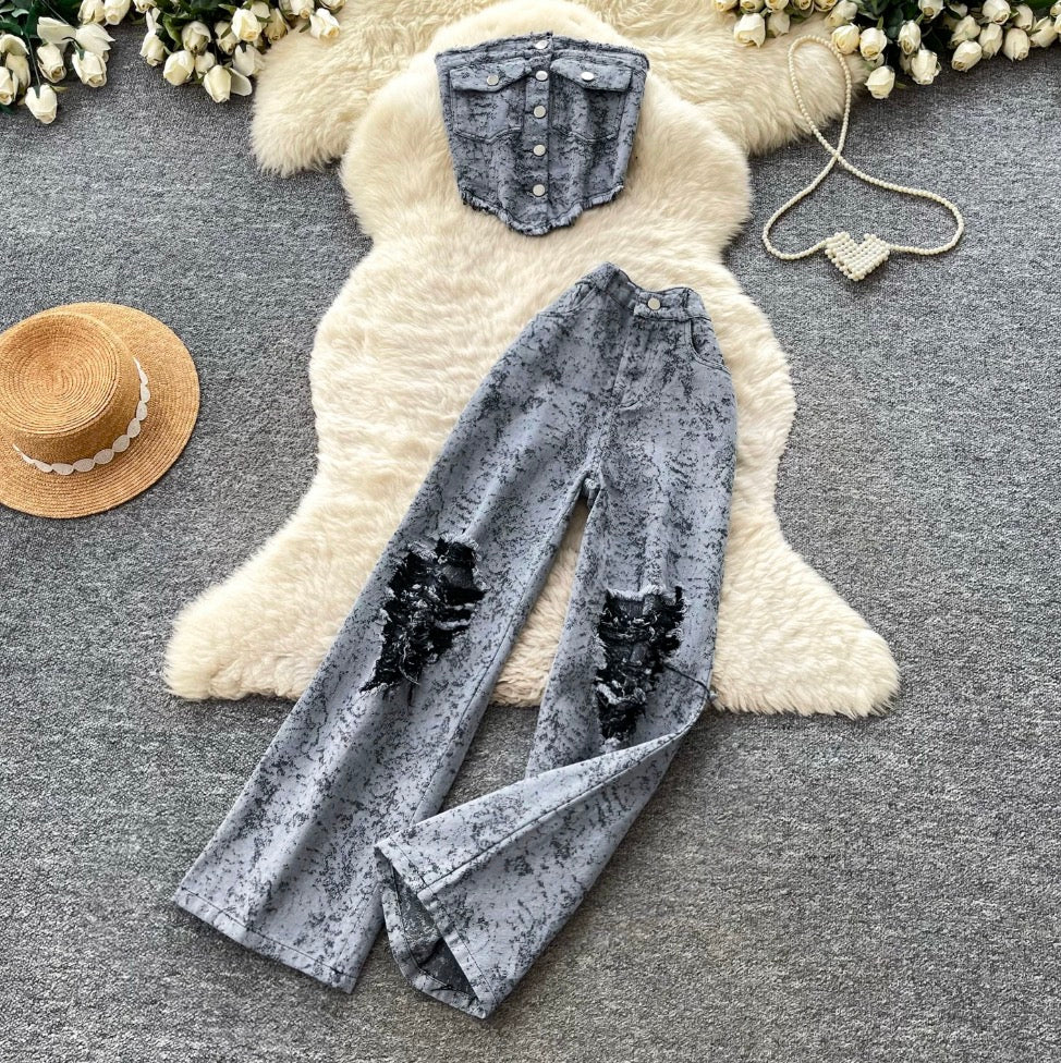 Tank Top & Distressed Jeans Denim 2Pcs