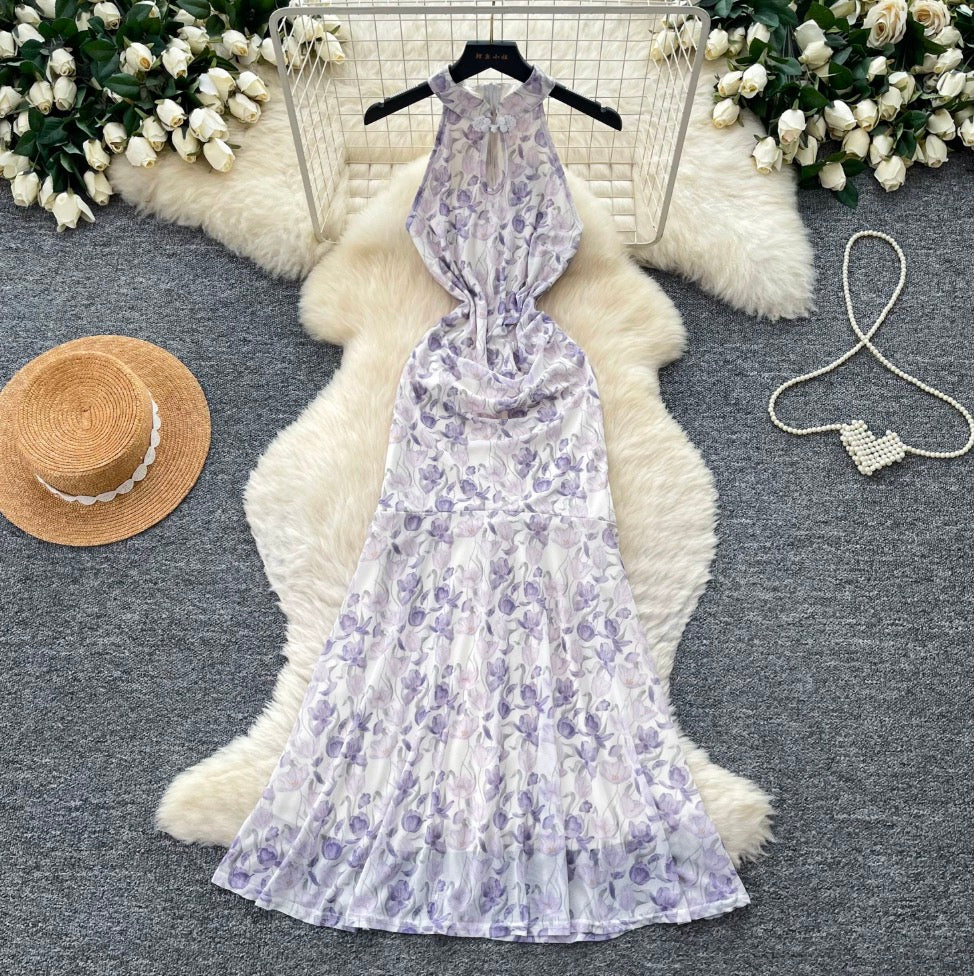 Floral Print Slim-fit Halter Dress