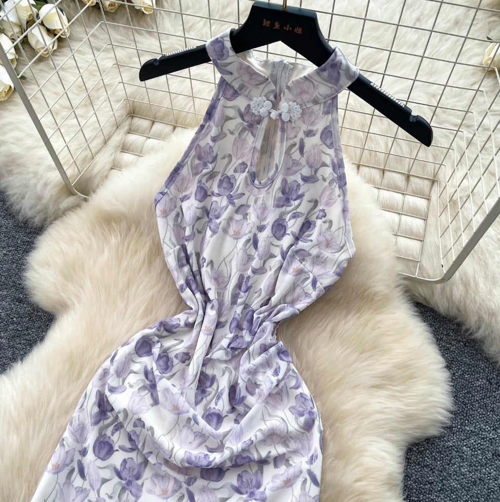 Floral Print Slim-fit Halter Dress