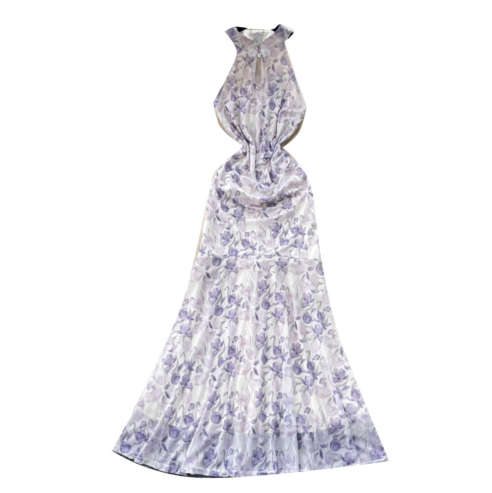 Floral Print Slim-fit Halter Dress