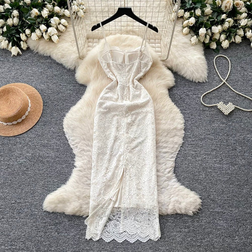 Apricot Hollowed Lace Slip Dress
