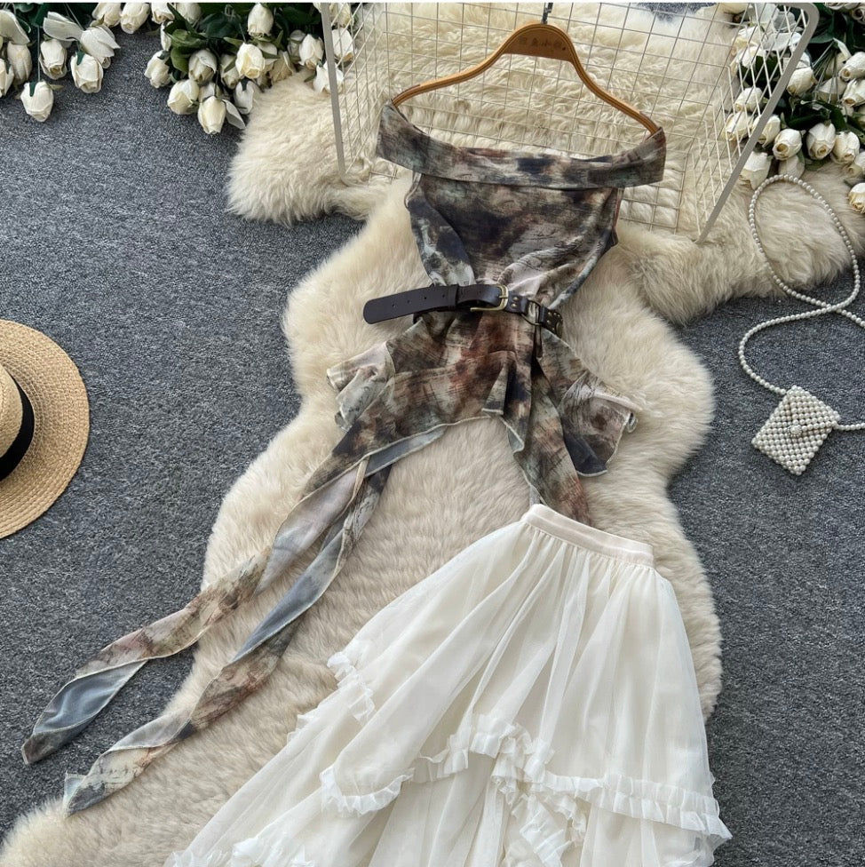 Tie-dye Top & Mesh Dress 2Pcs