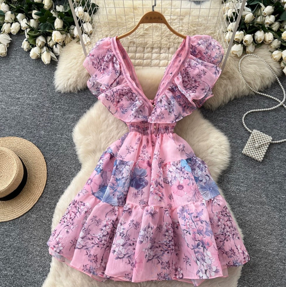 Backless Lace-up Floral Dress