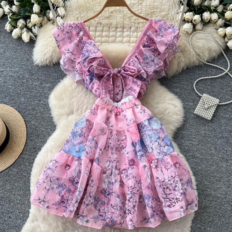 Backless Lace-up Floral Dress