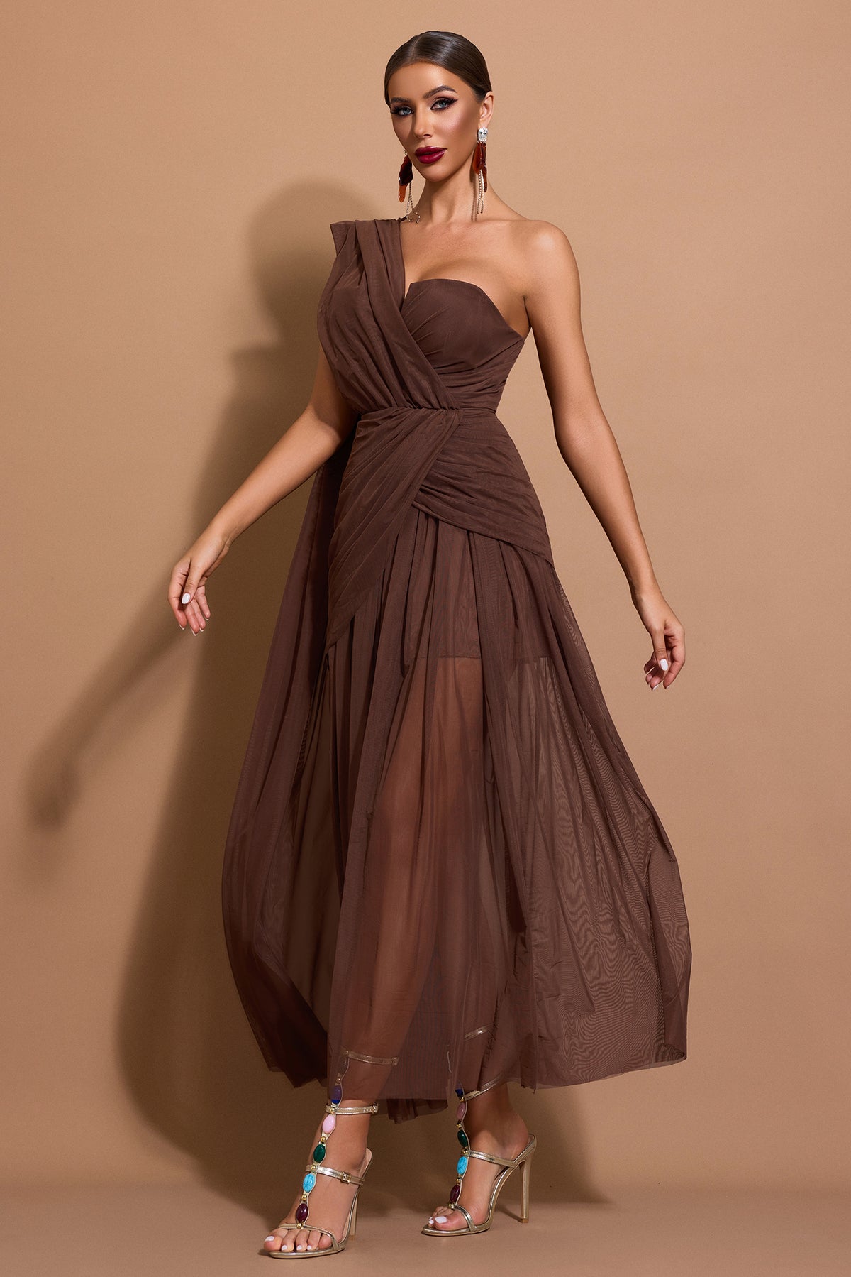 Mesh One-Shoulder Gathering Midi Dress