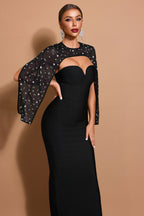 Bandage Midi Dress With Rhinestone Cape