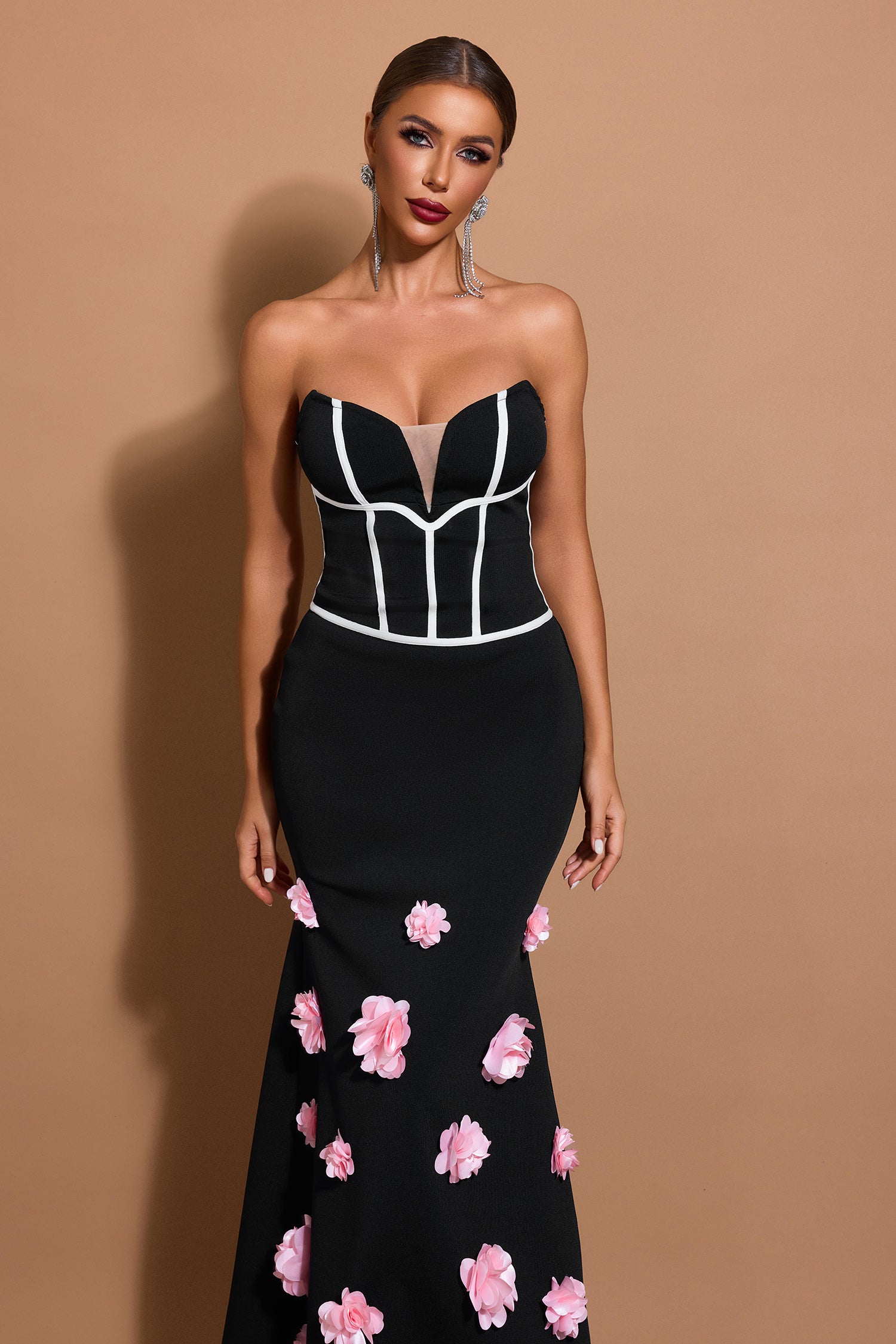 3D Flower Bandage Off-Shoulder Midi Dress