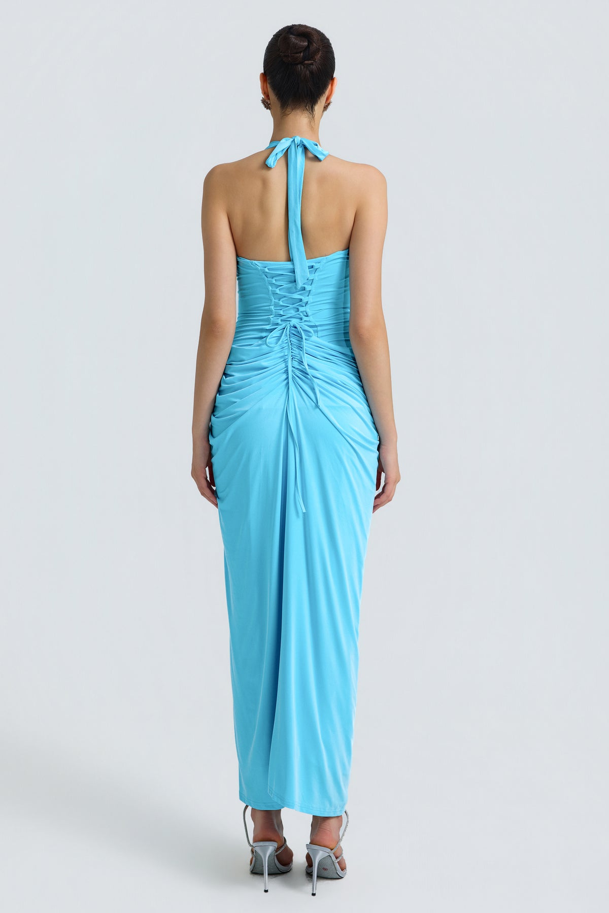 Halter Deep V Pleated Waist Slit Maxi Dress