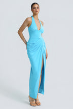 Halter Deep V Pleated Waist Slit Maxi Dress