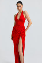 Halter Deep V Pleated Waist Slit Maxi Dress