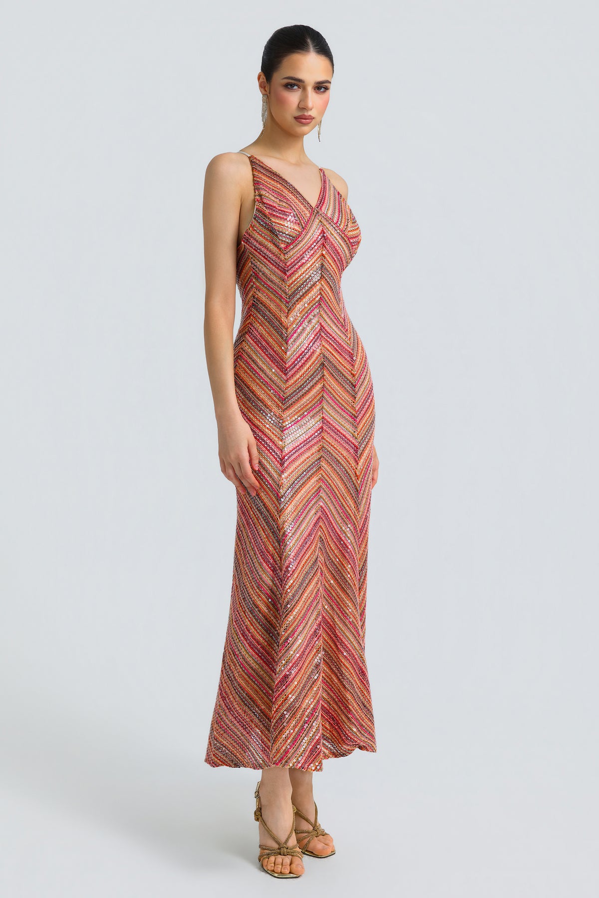 Sequin Chevron Slit Midi Dress