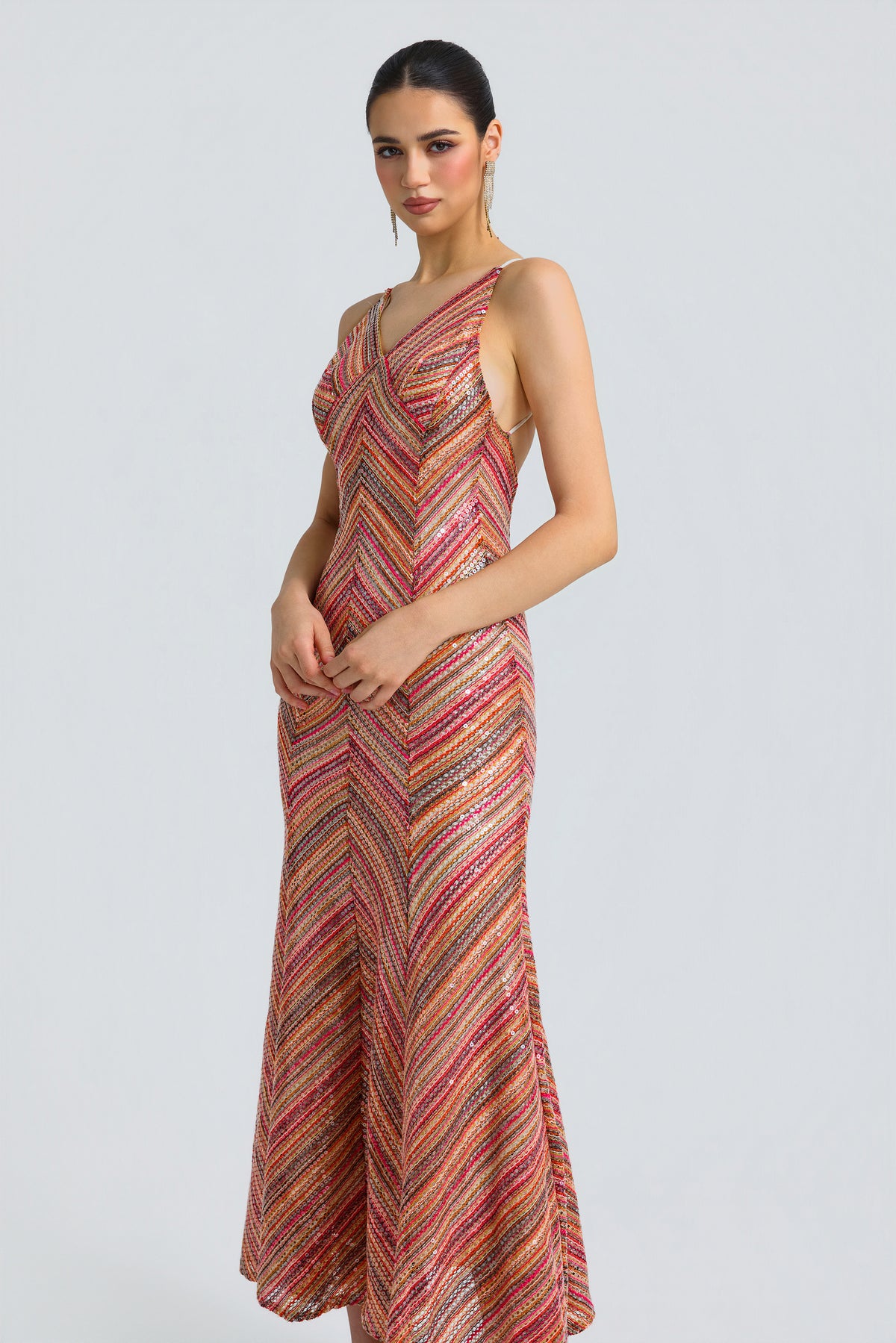 Sequin Chevron Slit Midi Dress