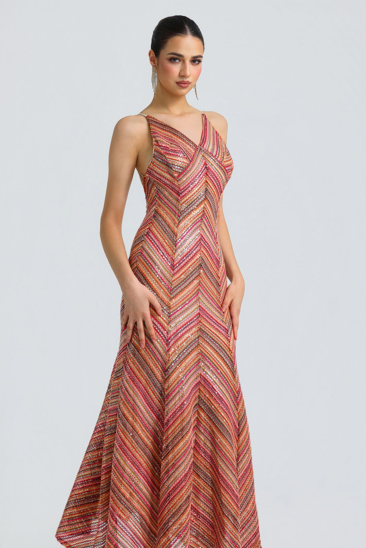 Sequin Chevron Slit Midi Dress