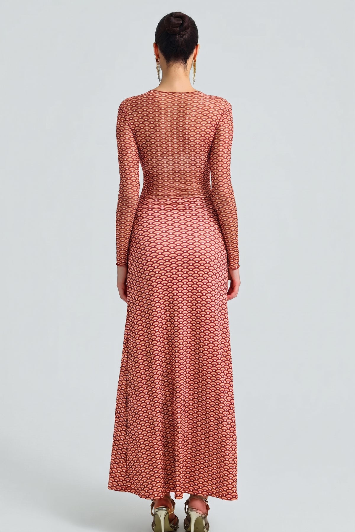 Abstract Print Mesh See-Through Maxi Dress
