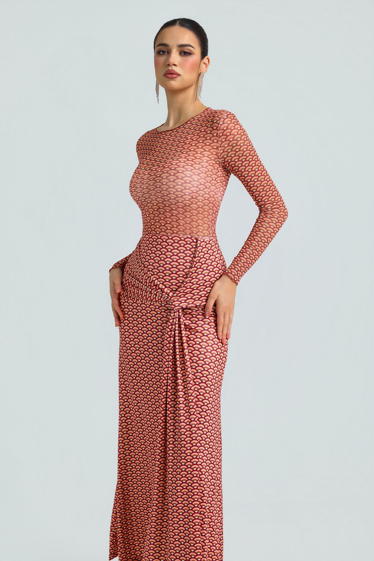 Abstract Print Mesh See-Through Maxi Dress