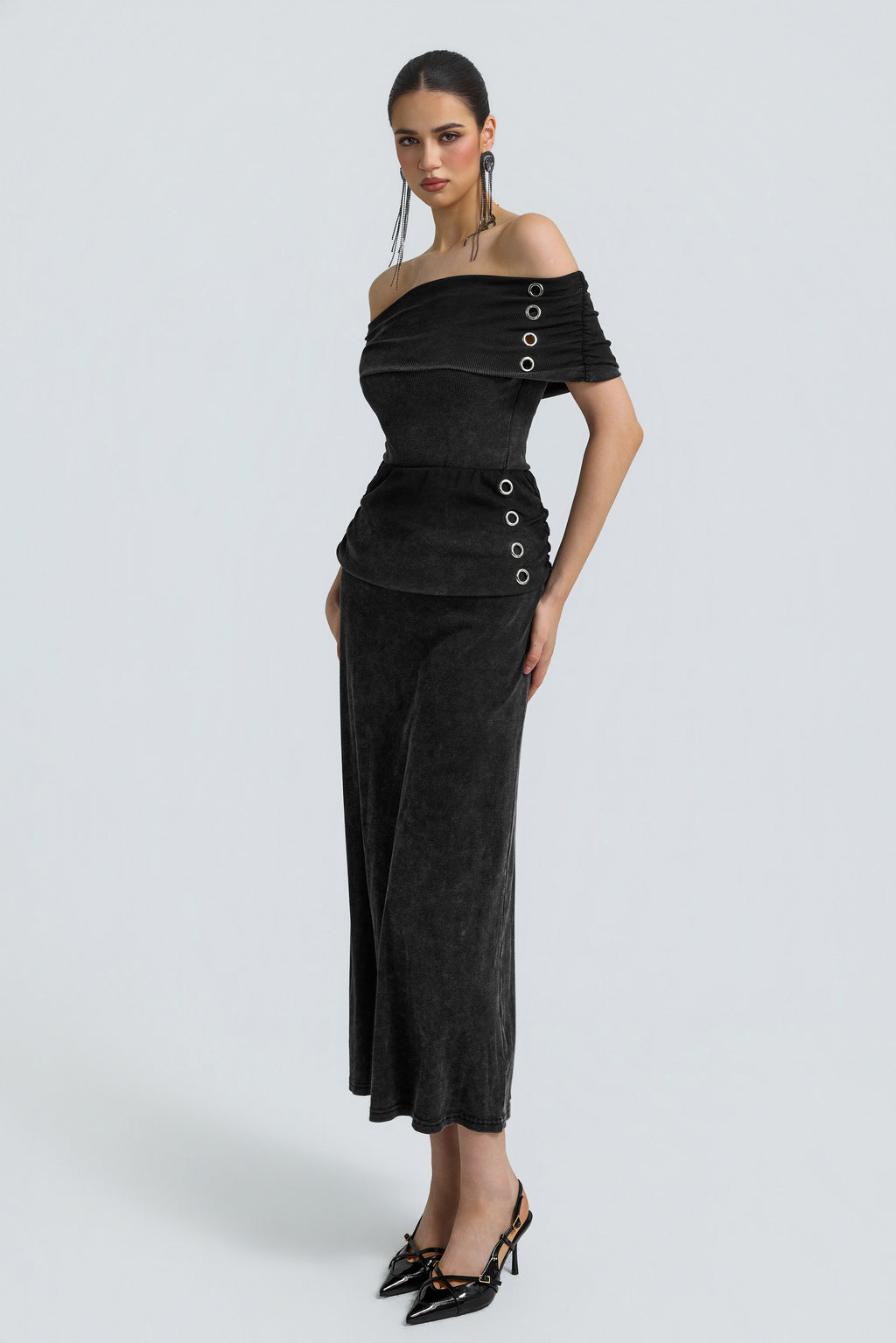 Denim Texture Off Shoulder Metal Button Maxi Skirt Set
