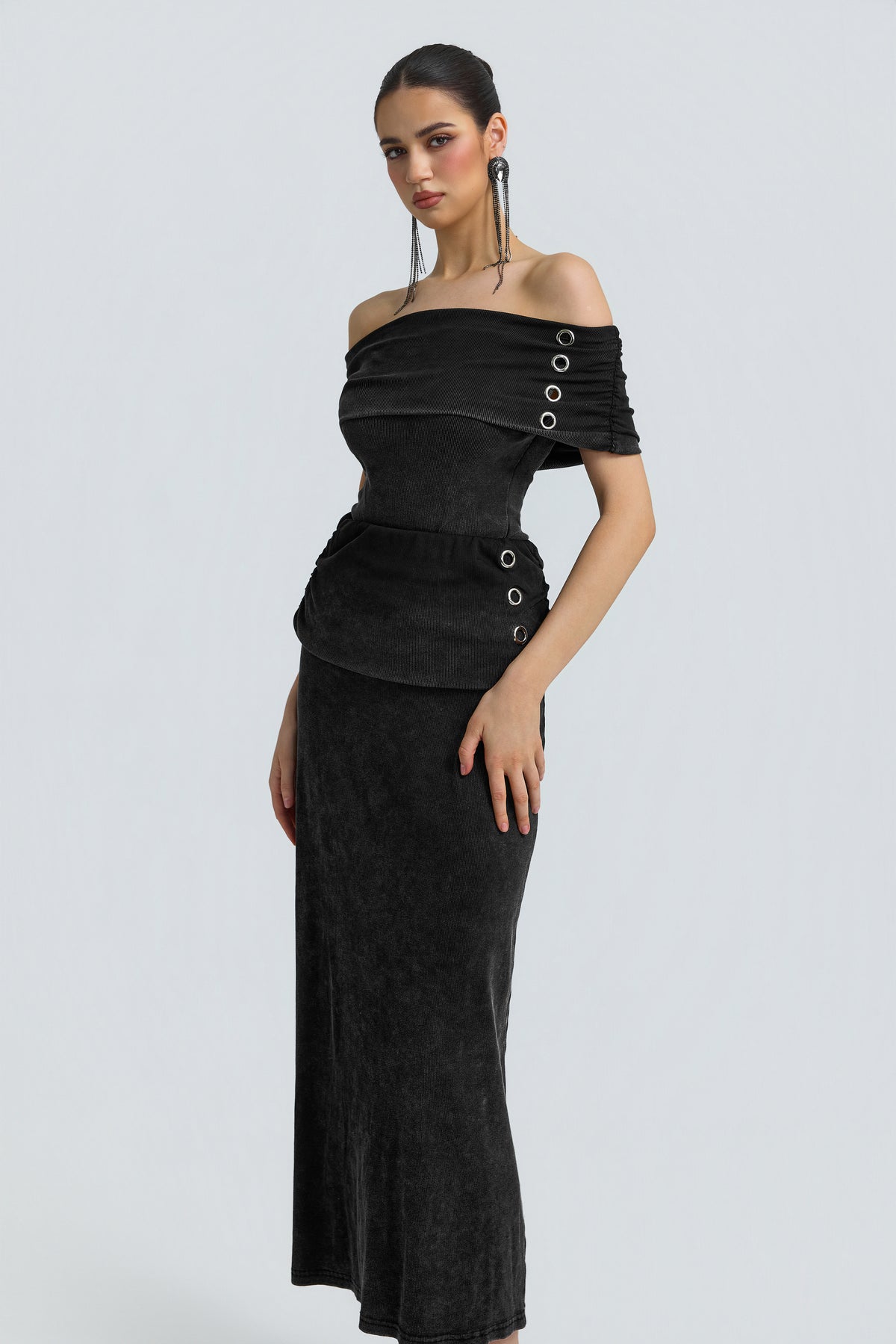 Denim Texture Off Shoulder Metal Button Maxi Skirt Set