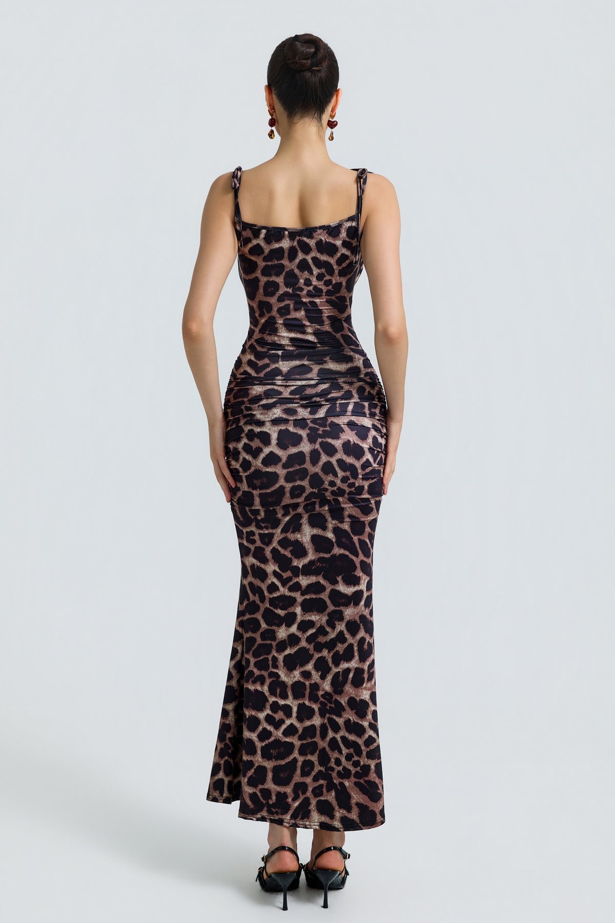 Leopard Print Shirring Slit Midi Dress