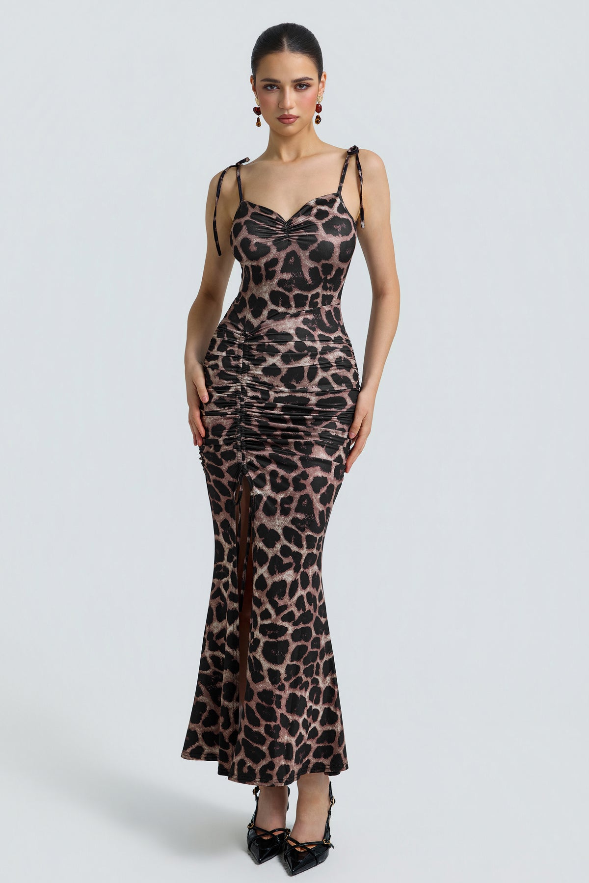 Leopard Print Shirring Slit Midi Dress