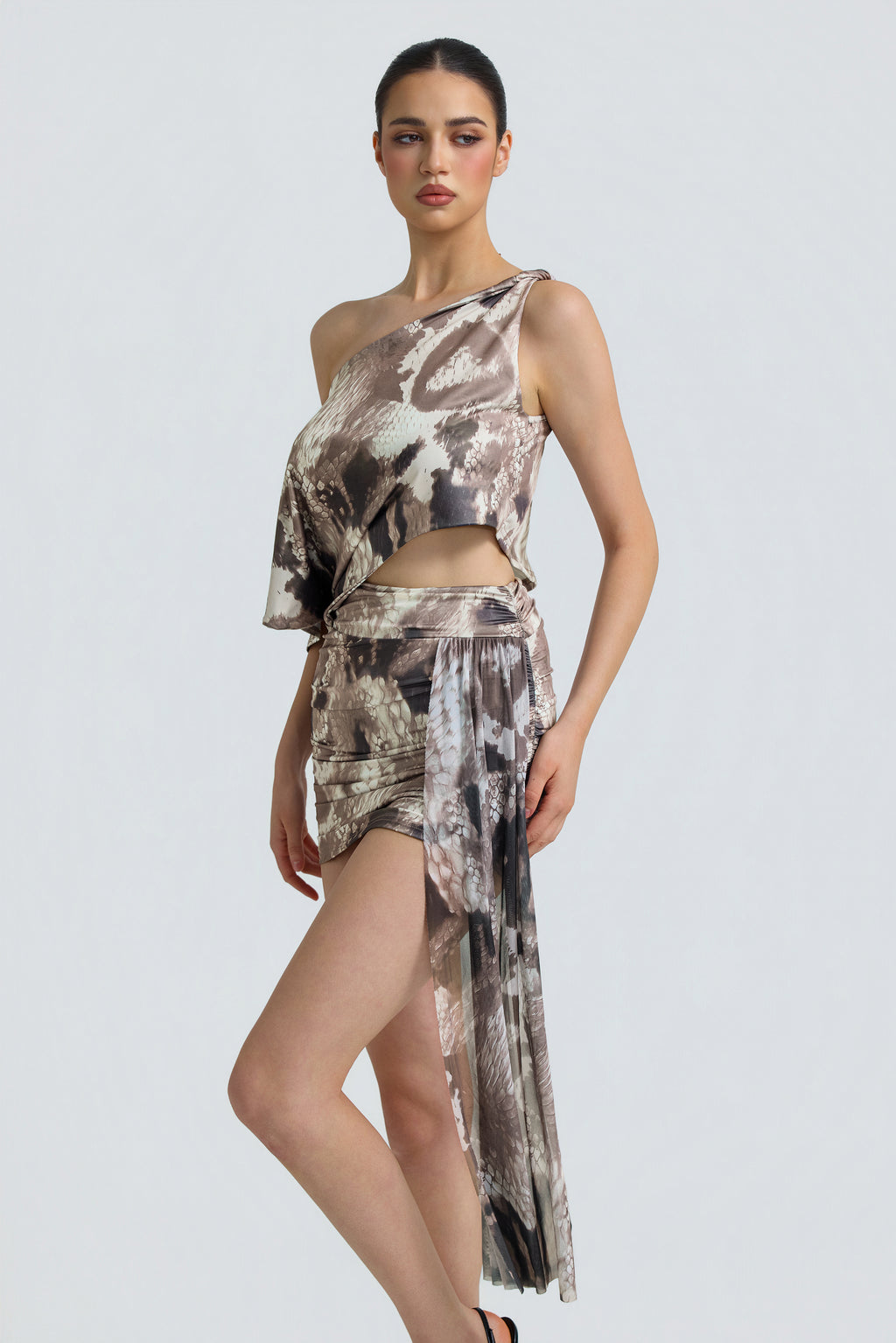 Snake Print One Shoulder Twist Sash Mini Dress