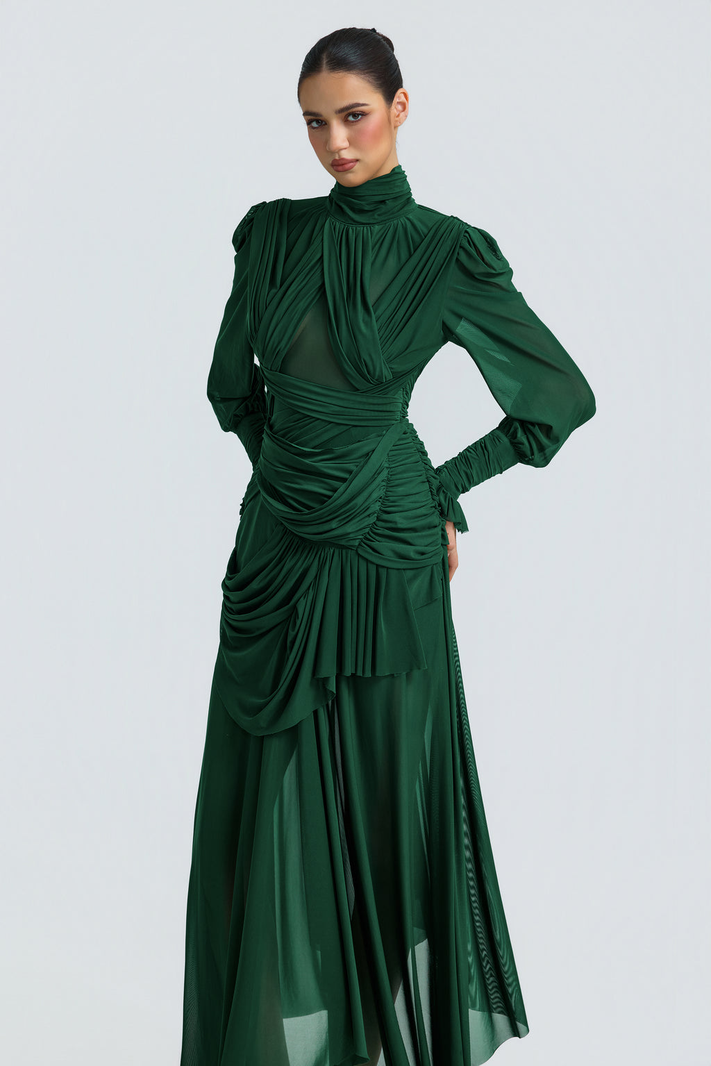 Mesh See-Through Gathering Maxi Dress