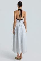 Mesh V-Neck Gathering Midi Dress
