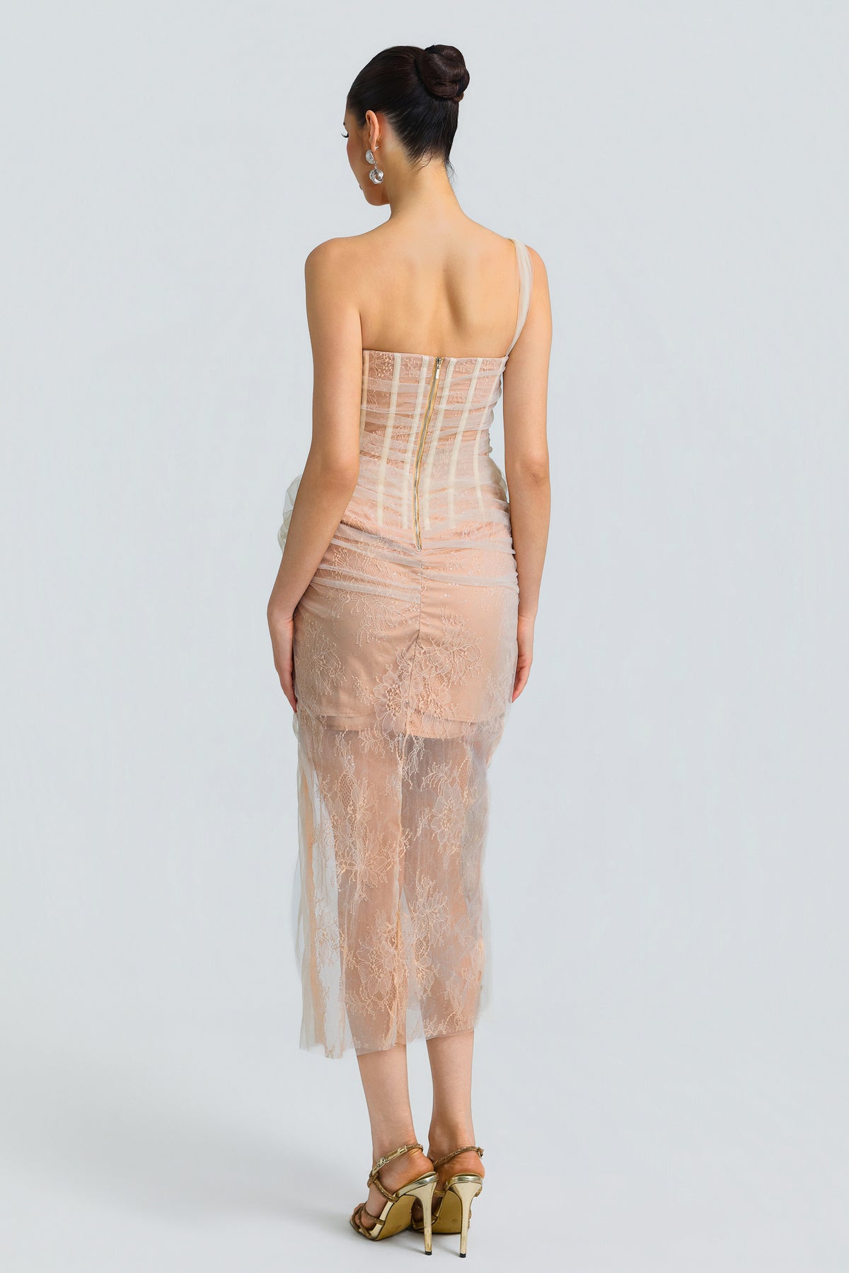 Lace Tulle Corset Draped Midi Dress