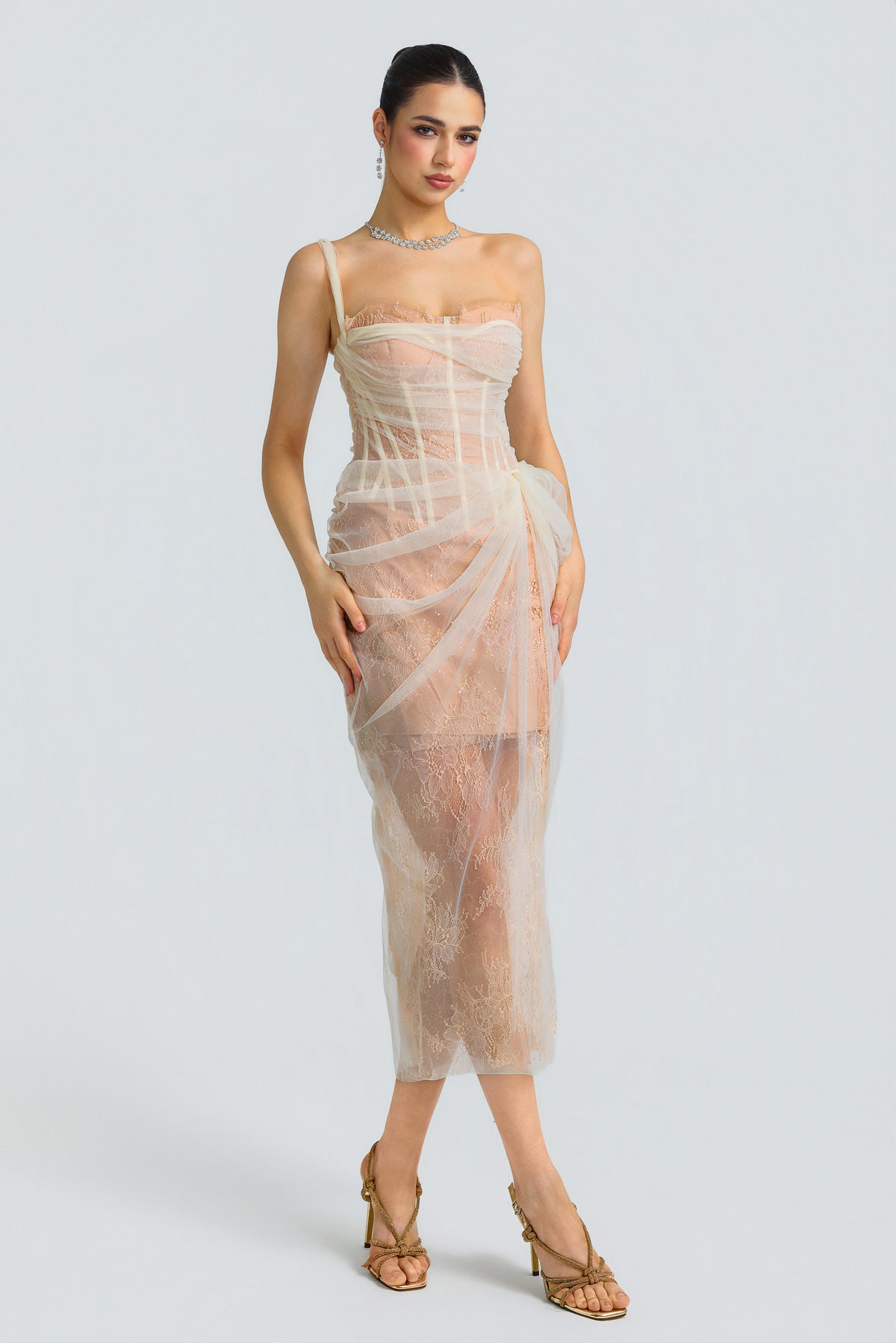 Lace Tulle Corset Draped Midi Dress