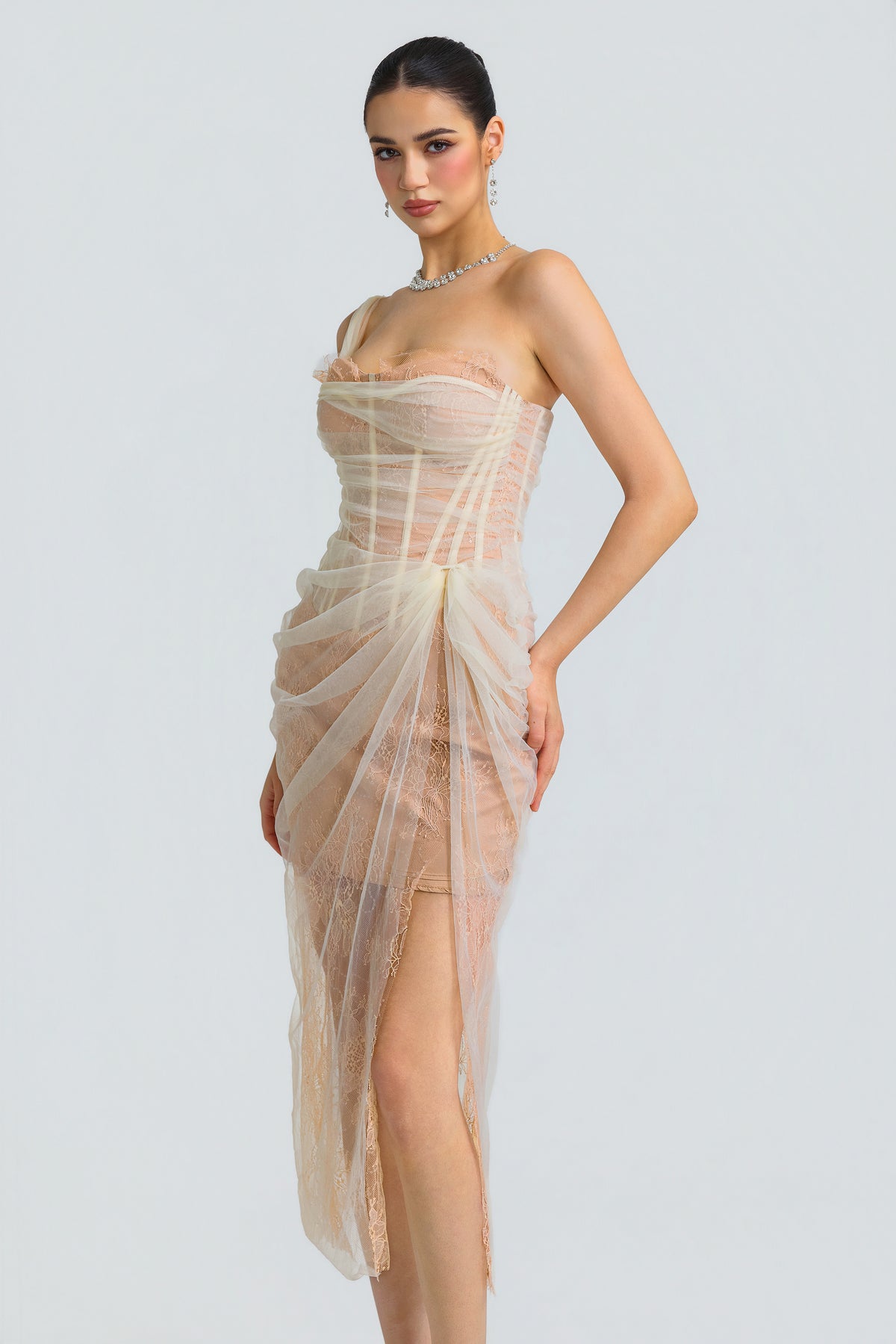 Lace Tulle Corset Draped Midi Dress
