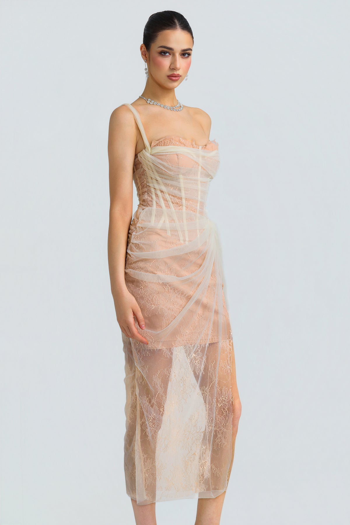Lace Tulle Corset Draped Midi Dress