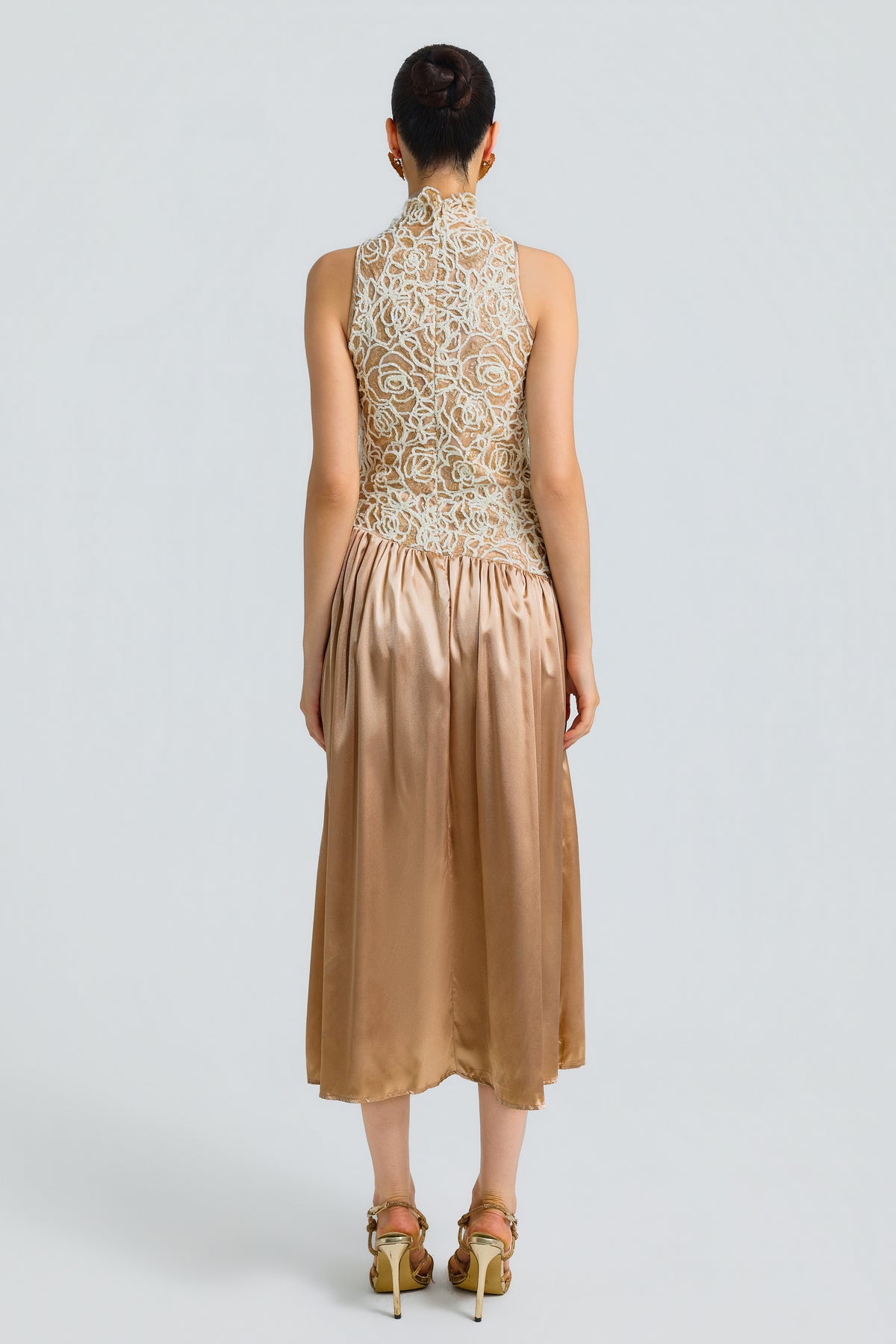 Sequin Patchwork Satin Sleeveless Mock Neck Midi Dress