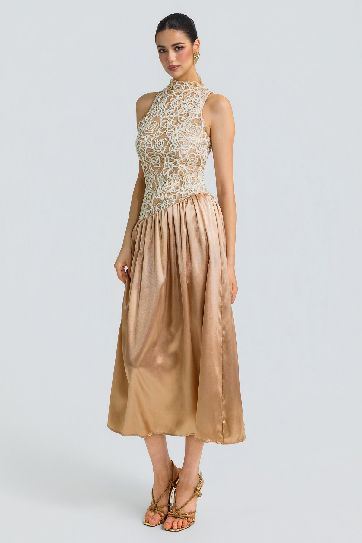 Sequin Patchwork Satin Sleeveless Mock Neck Midi Dress