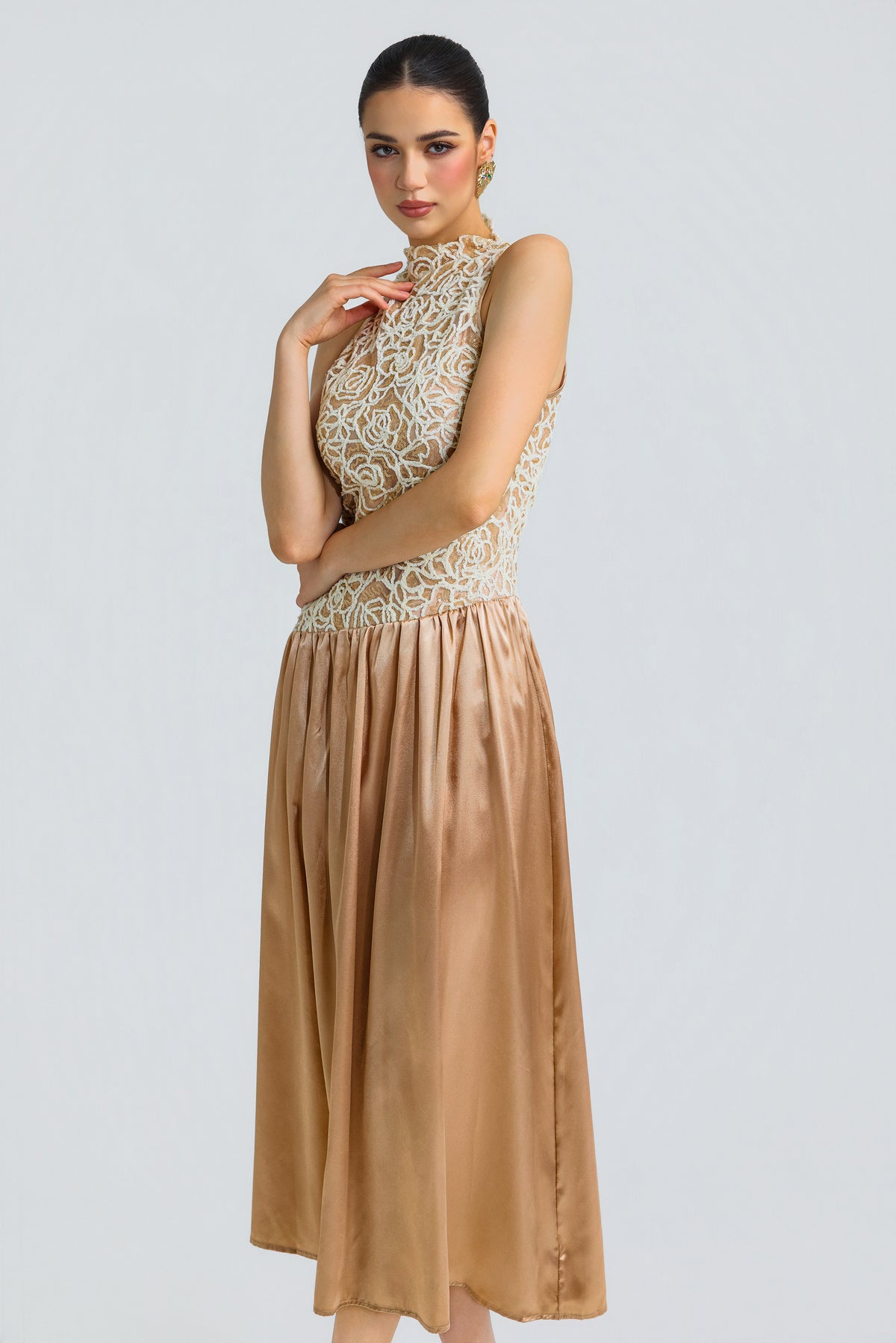 Sequin Patchwork Satin Sleeveless Mock Neck Midi Dress