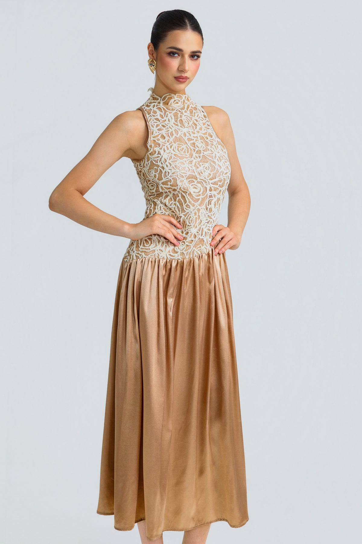 Sequin Patchwork Satin Sleeveless Mock Neck Midi Dress