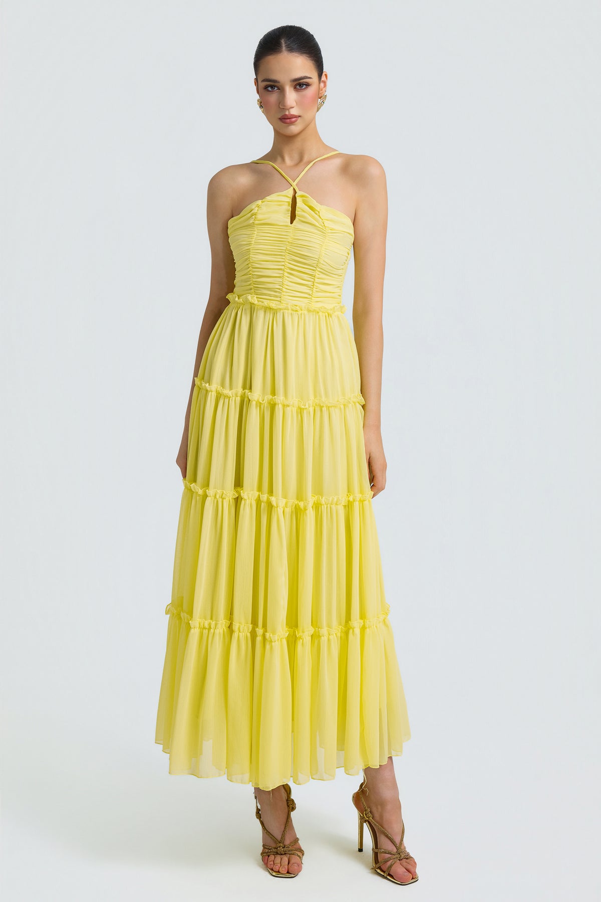 Chiffon Gathering Smocking Midi Dress