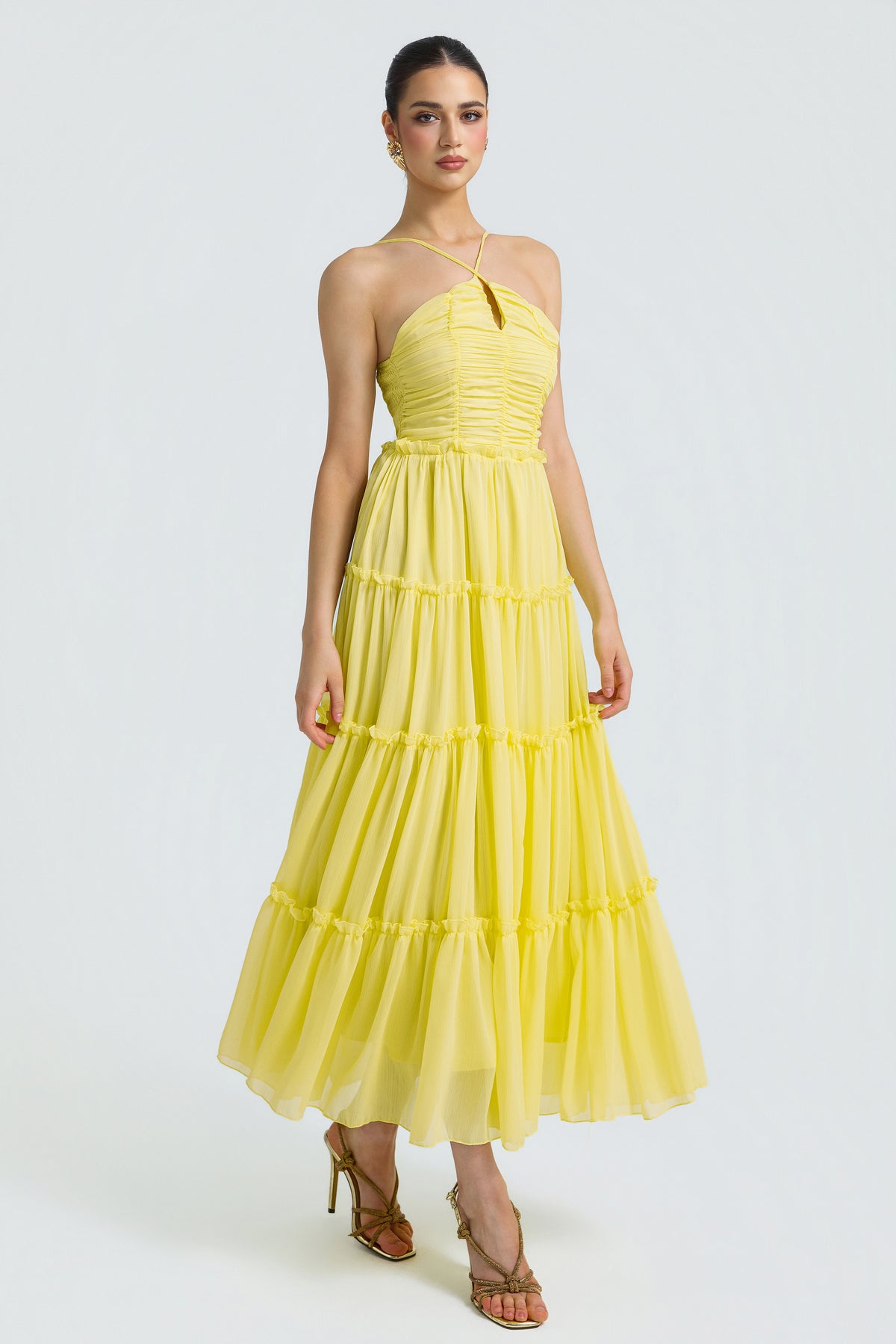 Chiffon Gathering Smocking Midi Dress