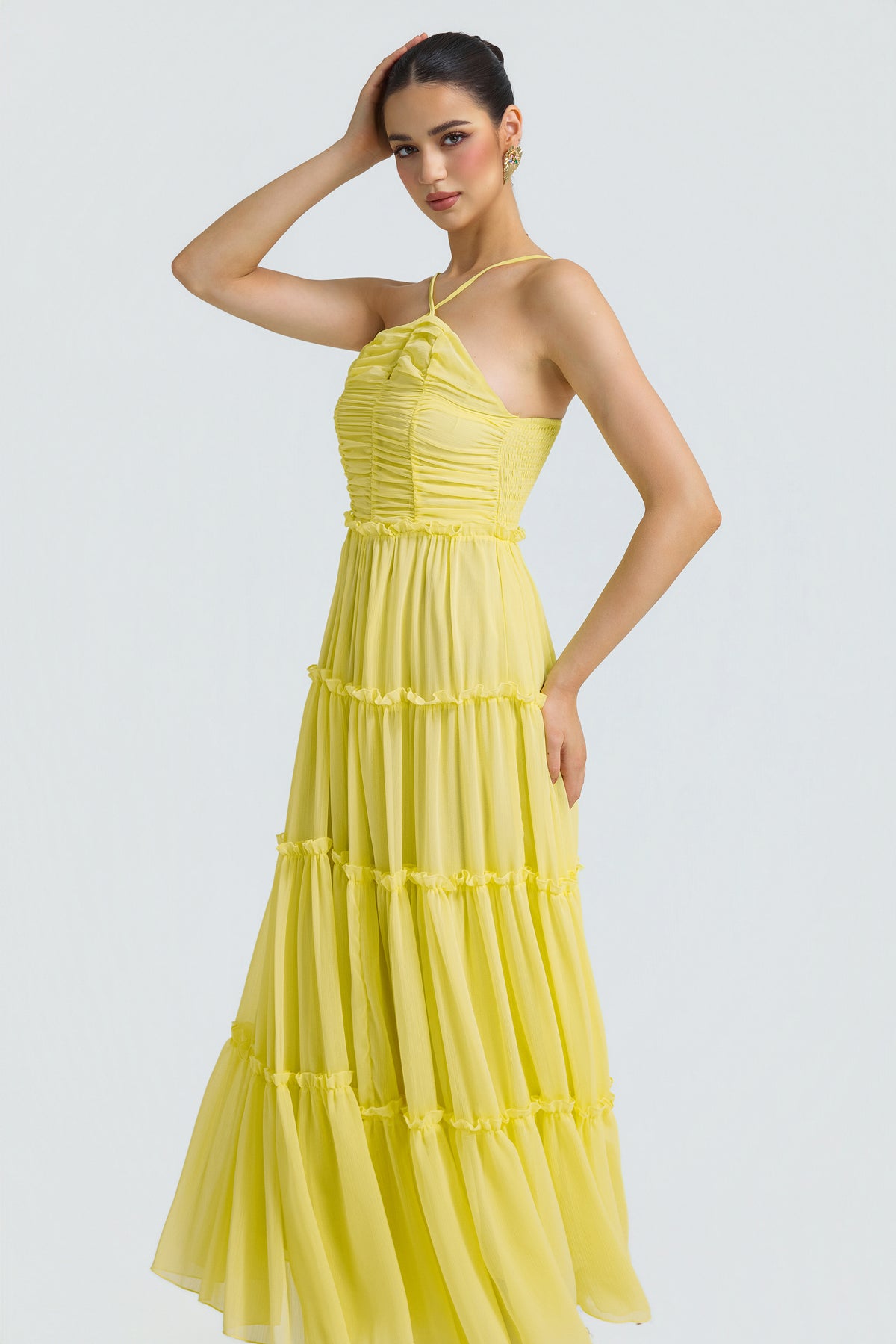 Chiffon Gathering Smocking Midi Dress