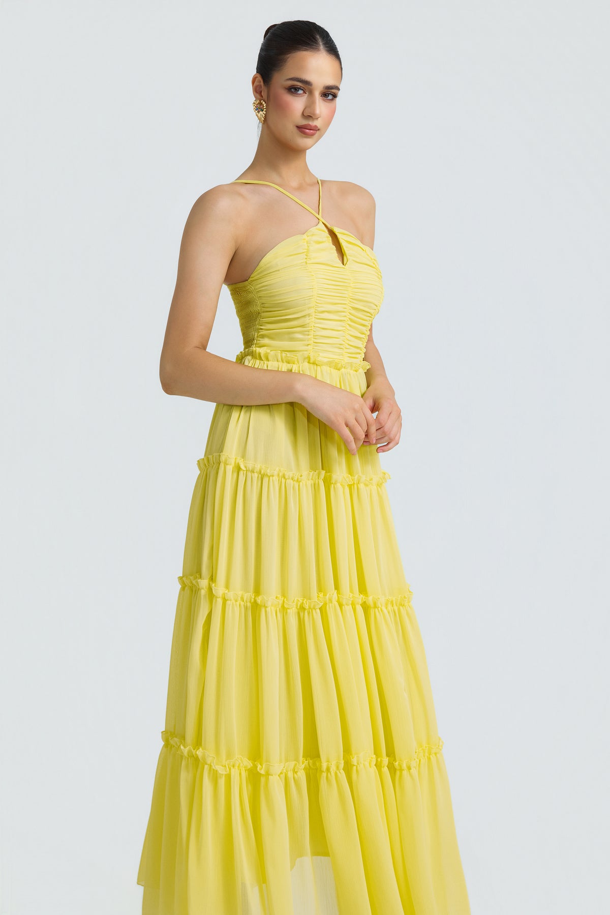 Chiffon Gathering Smocking Midi Dress
