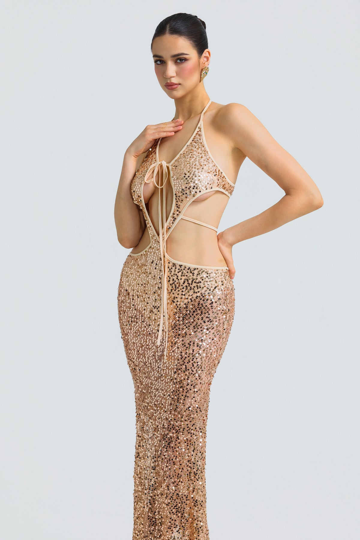 Sequin Cut-Out Halter Neck Midi Dress