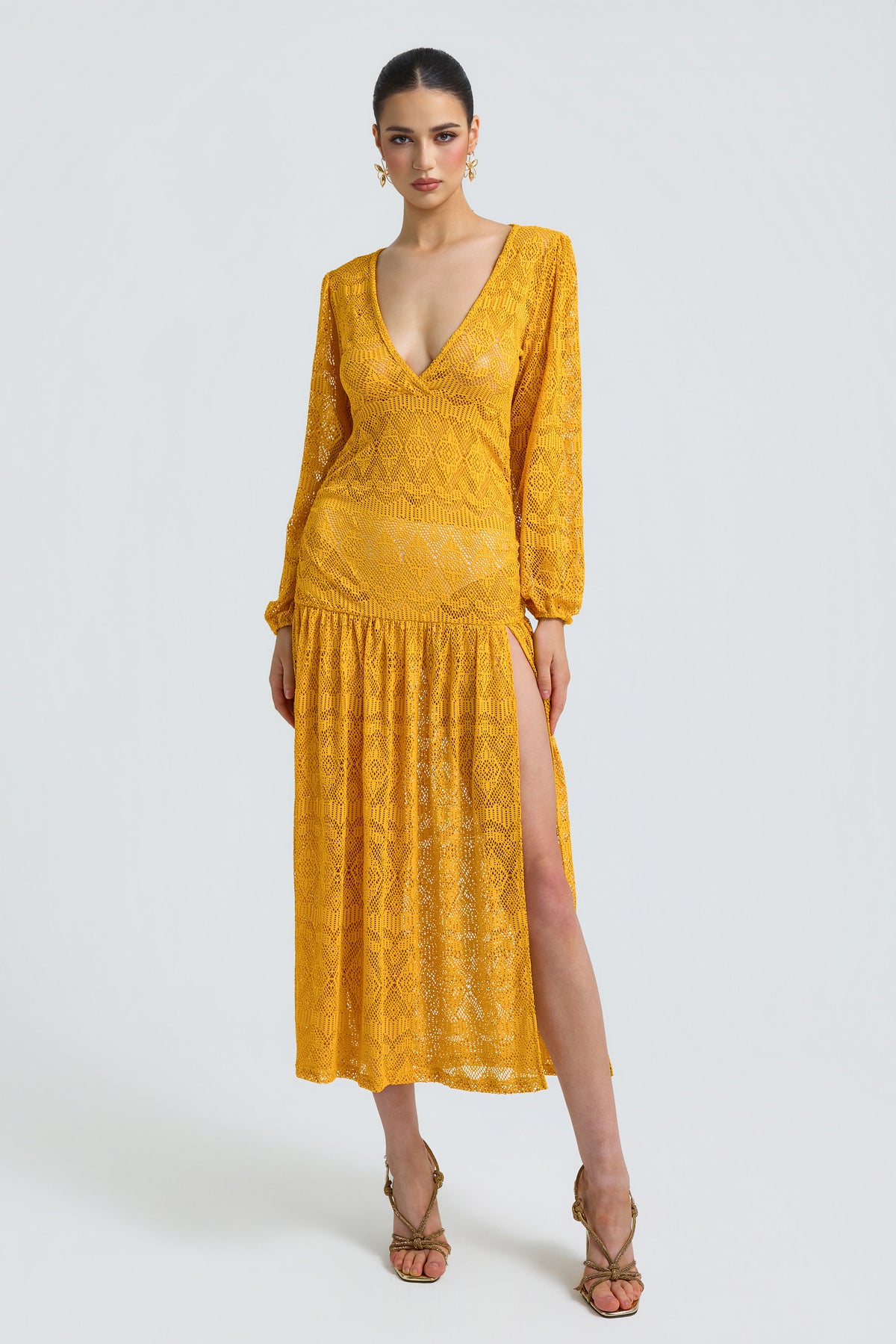 Lace See-Through V-Neck Midi Dress