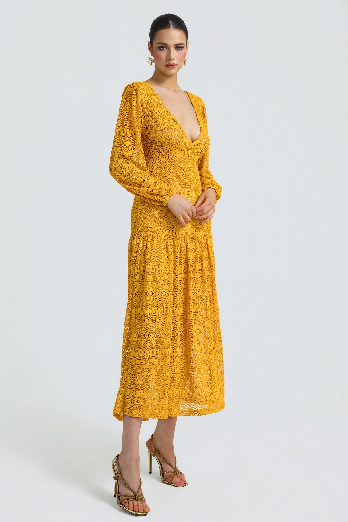 Lace See-Through V-Neck Midi Dress