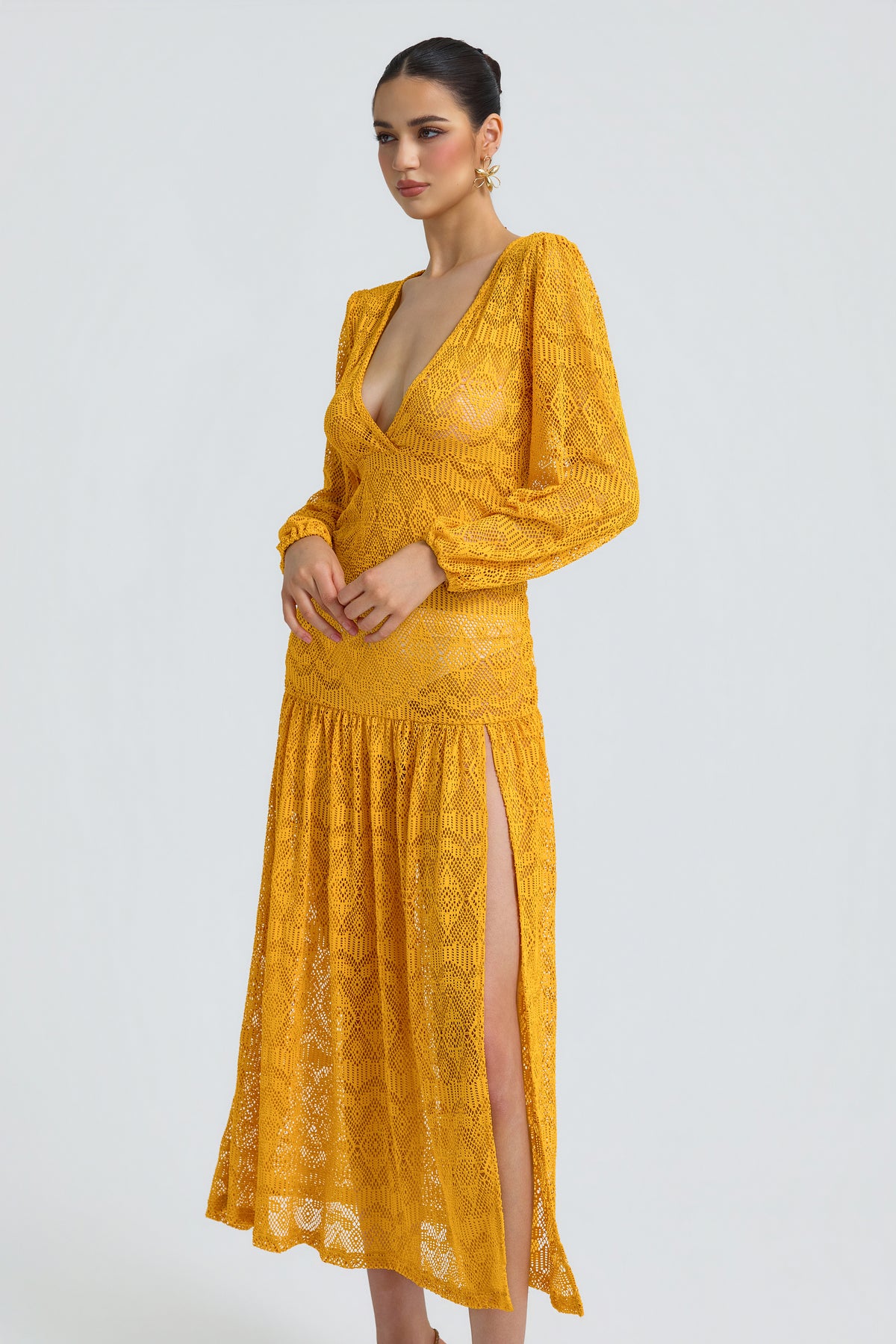 Lace See-Through V-Neck Midi Dress