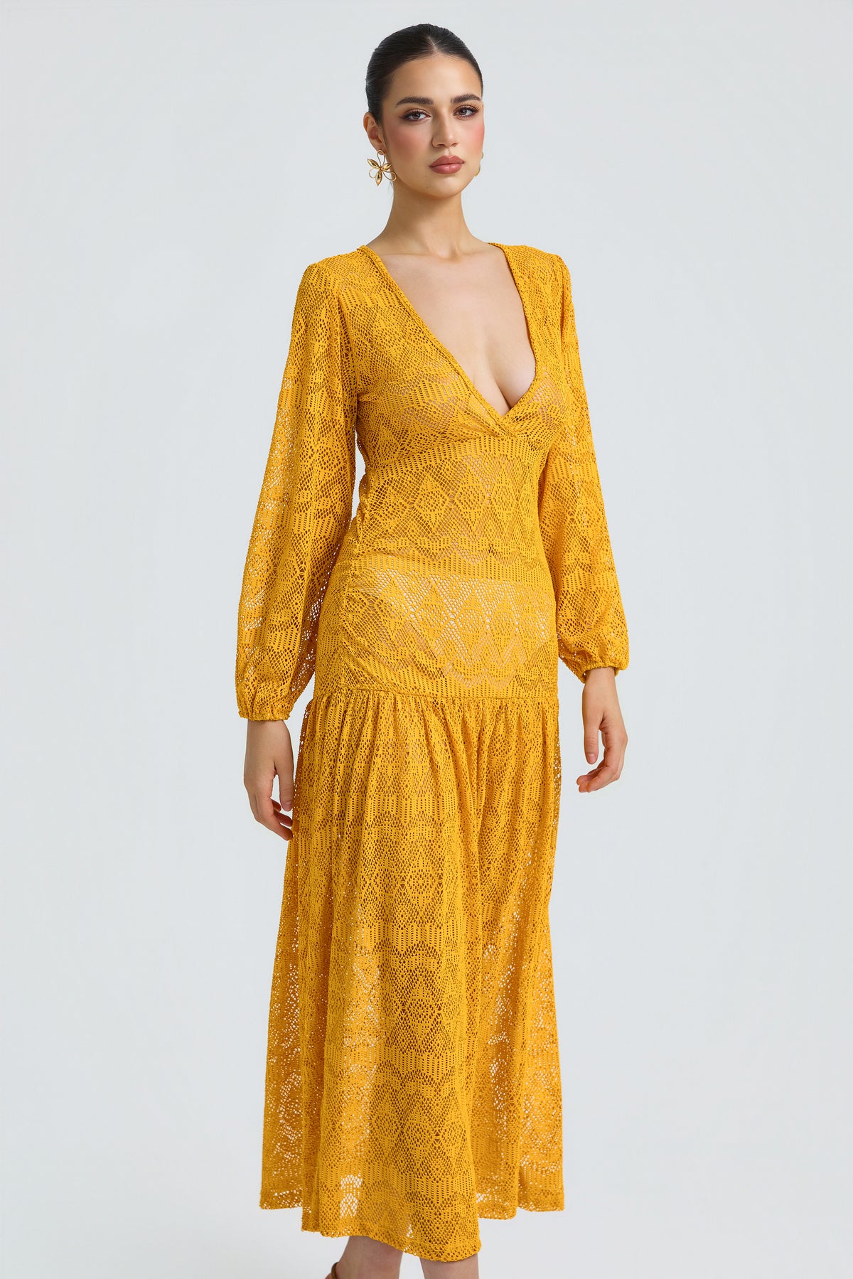 Lace See-Through V-Neck Midi Dress