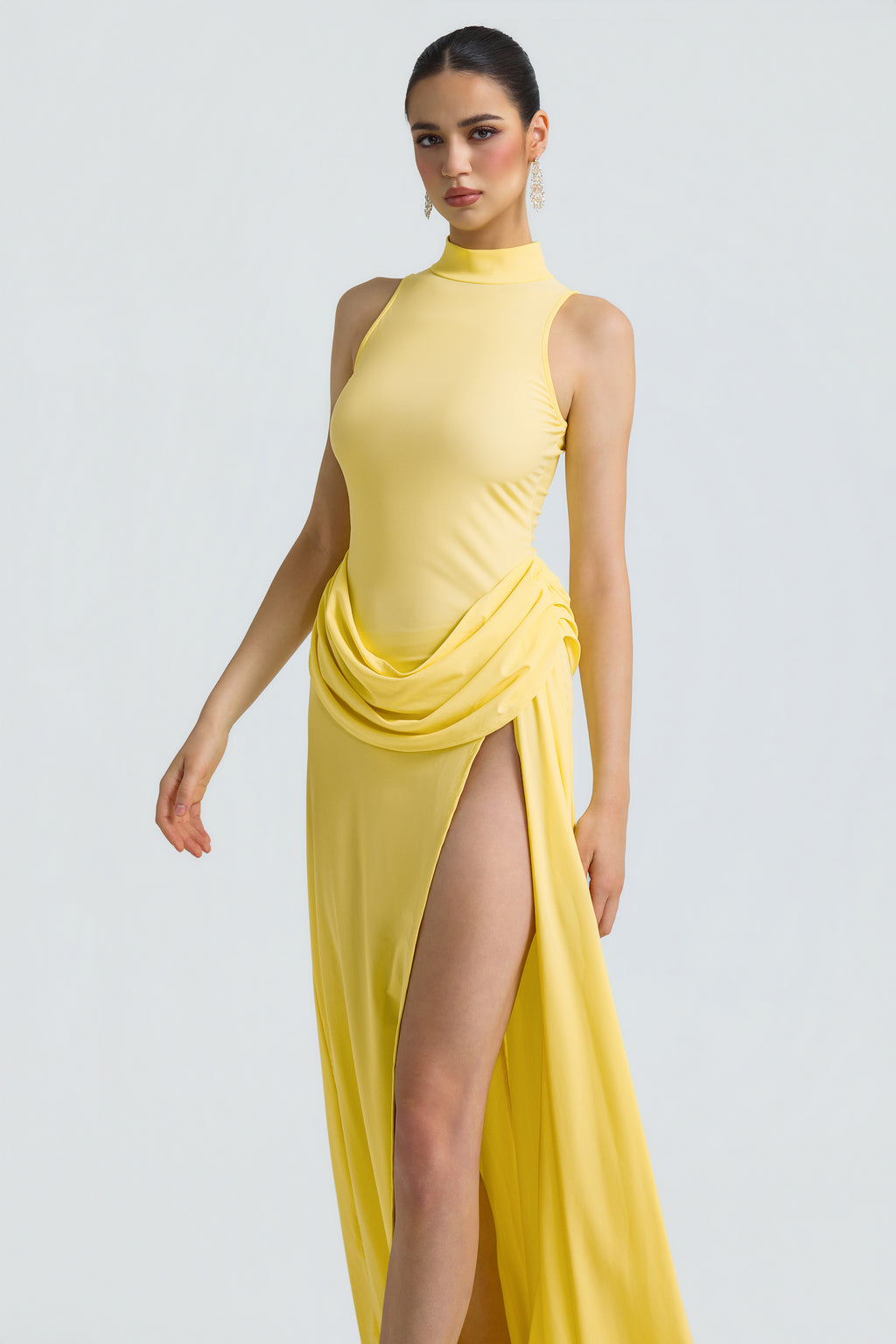 Jersey Stand Collar Slit Maxi Dress