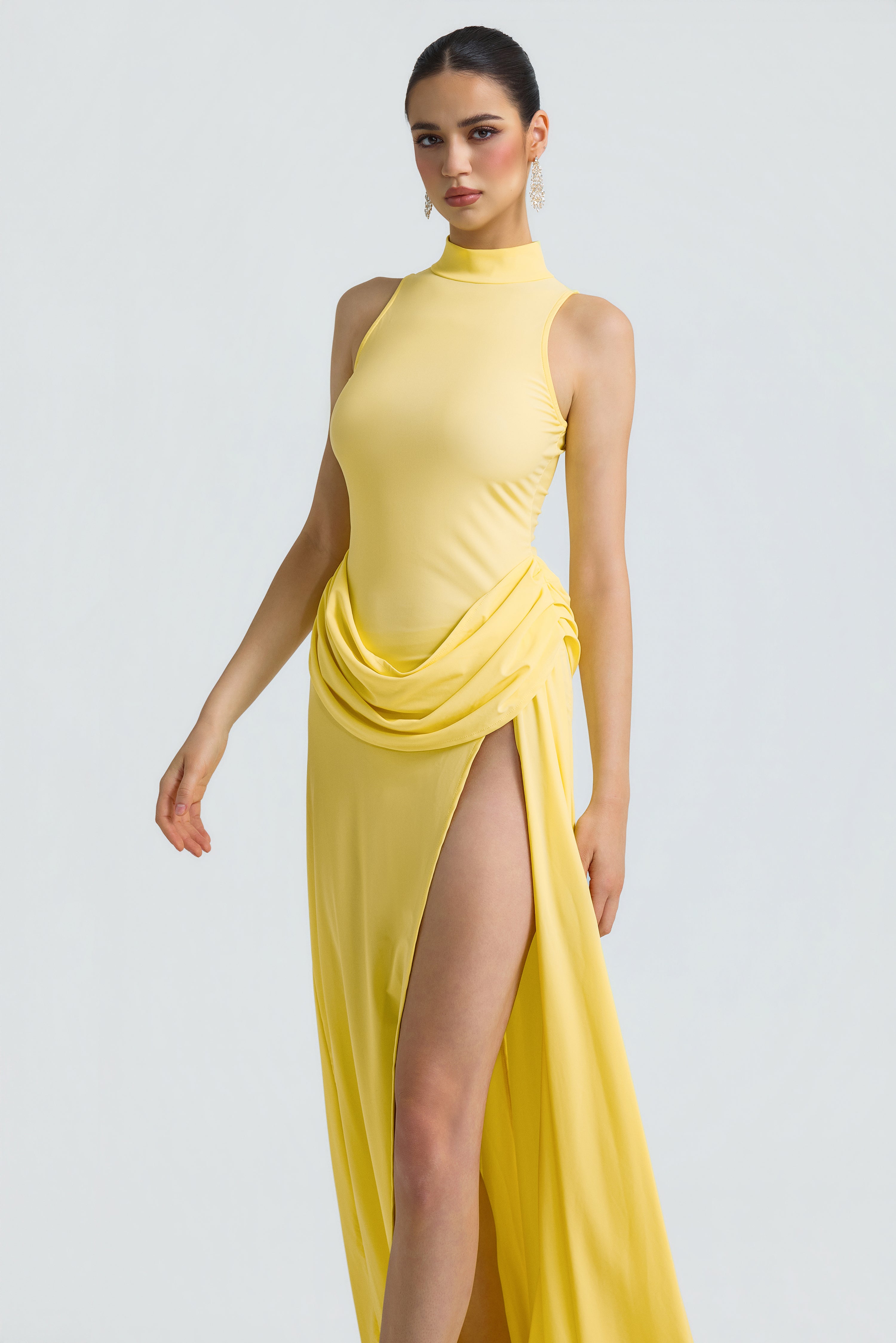 Jersey Stand Collar Slit Maxi Dress