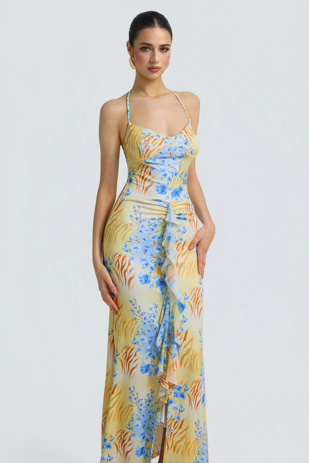 Floral Mesh Ruffle Maxi Dress