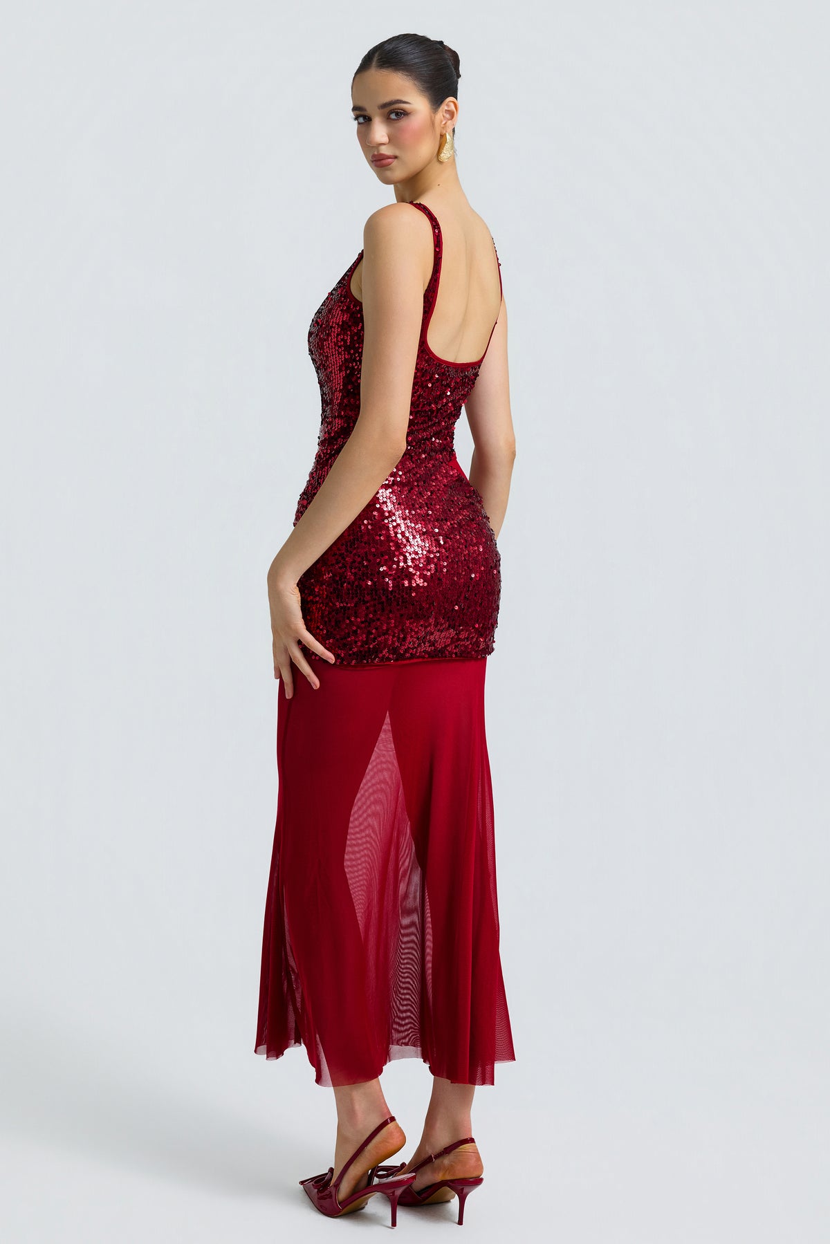 Sequin Splicing Mesh See-Through Midi Dress