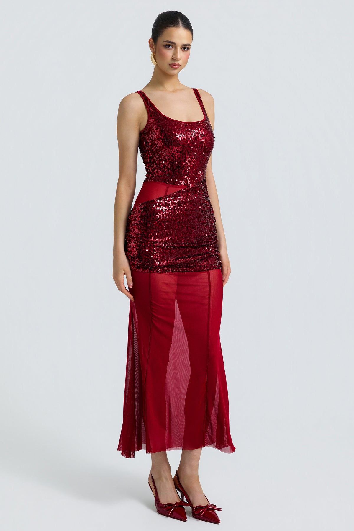 Sequin Splicing Mesh See-Through Midi Dress